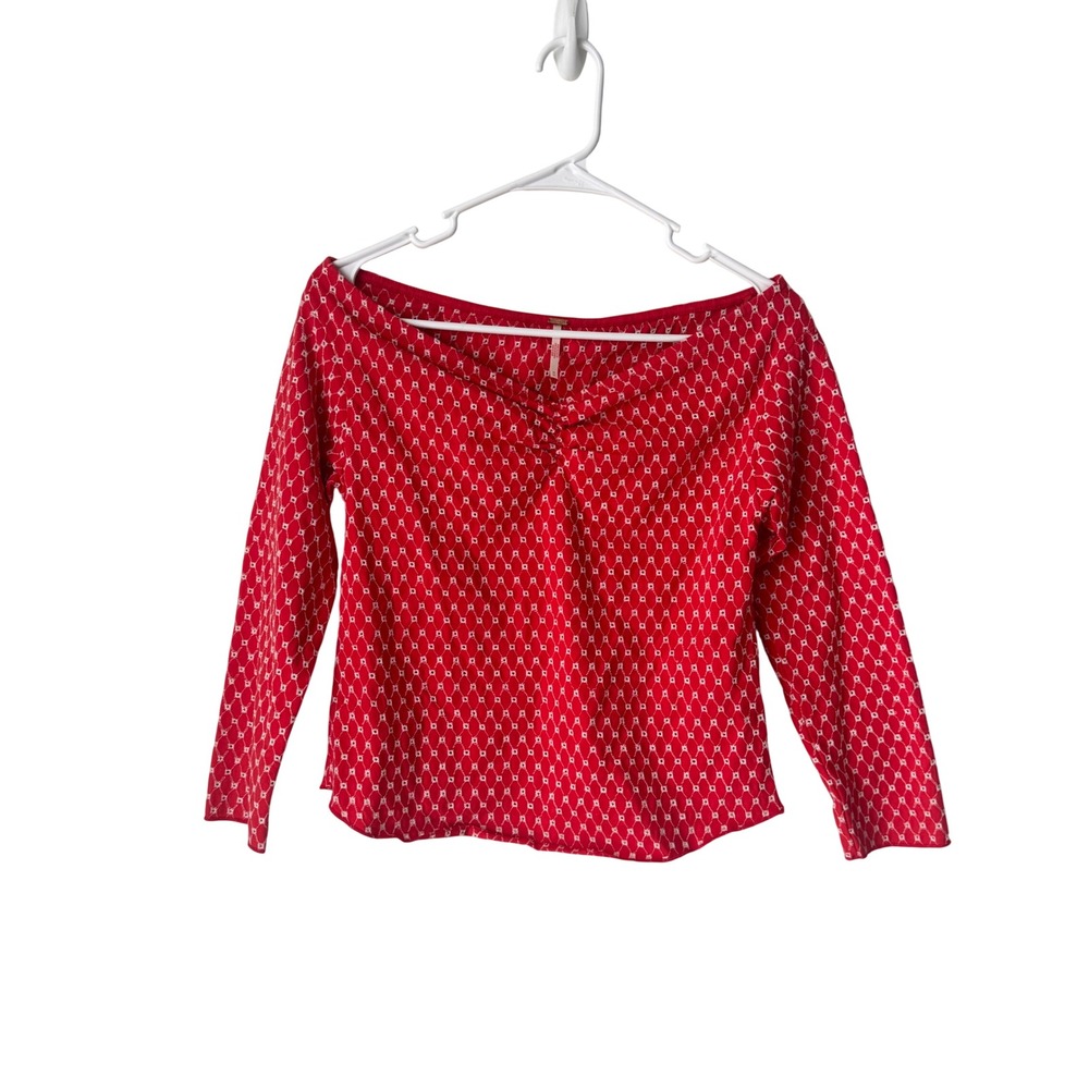 Free People Red White Eyelet Embroidered Off Shoulder Top OB2158816 Medium
